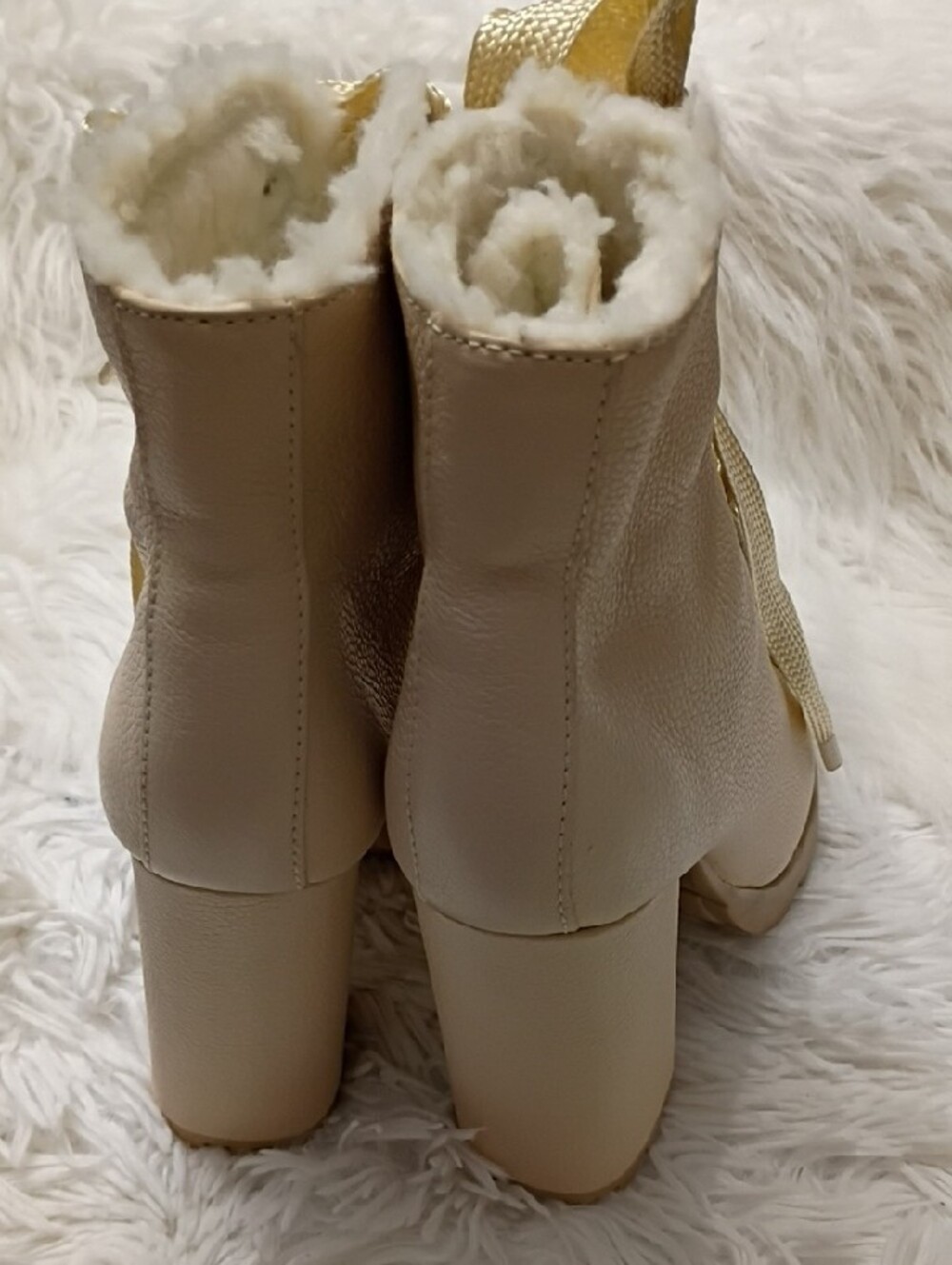 SCHUTZ Zhara Eggshell Lace-Up Faux-Fur Block Heel Combat Moto Ankle Boots 7.5 - Picture 8 of 16